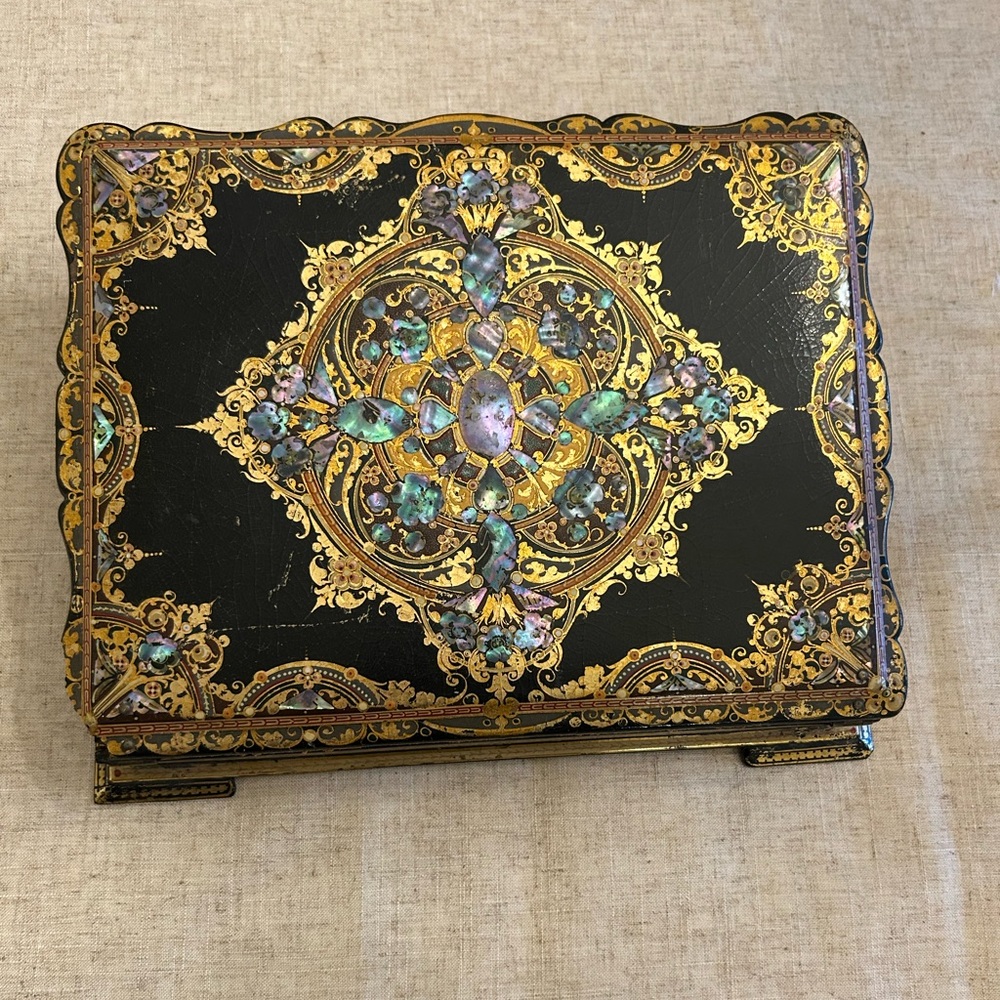 Vintage/Antique mother of pearl paper mache’ sloped writing desk box! Exquisite!